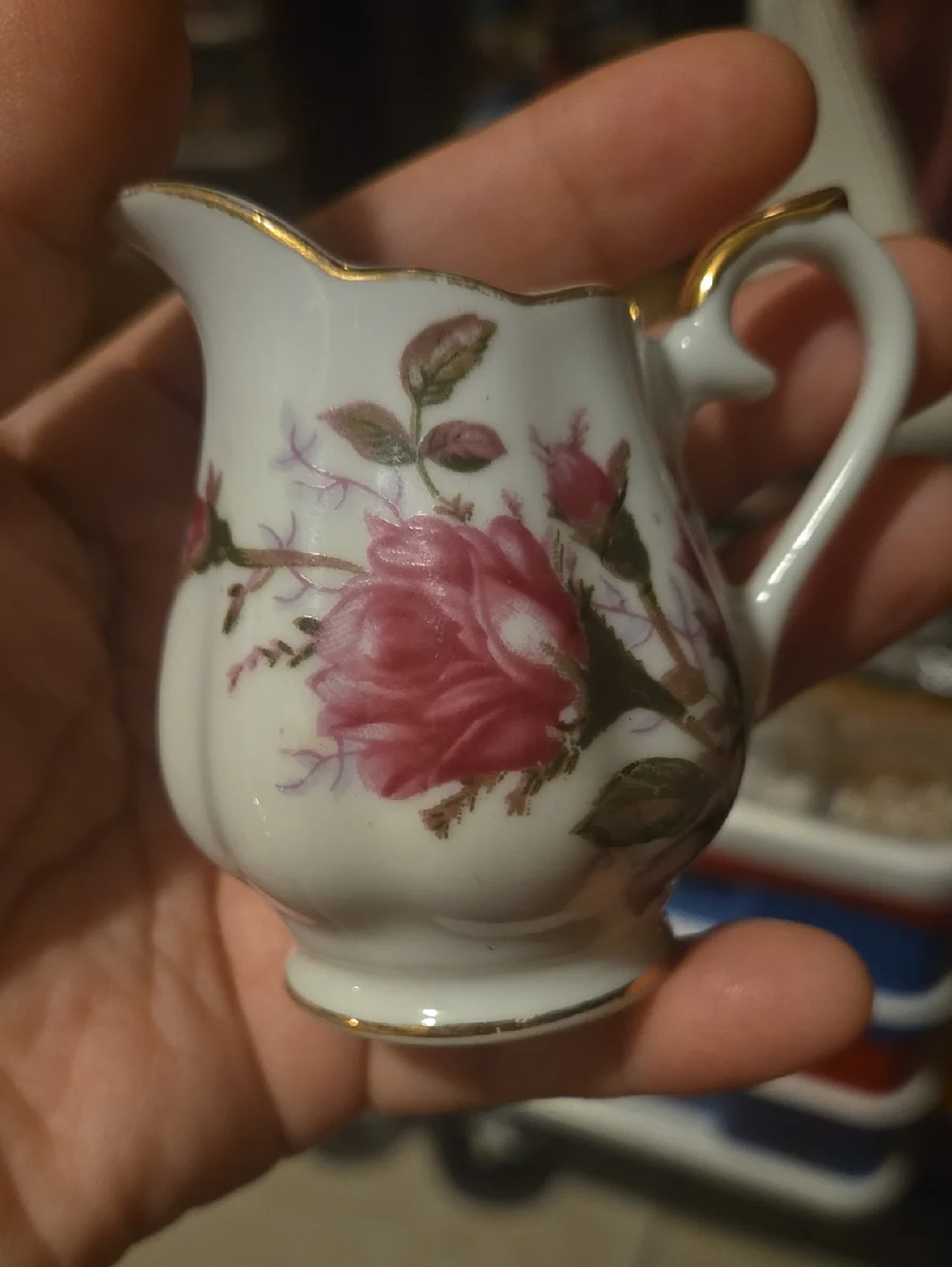 Porcelain Pink Rose Creamer Pitcher with Gold Trim
